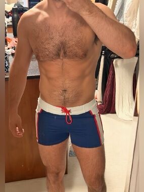 Men's Blue Swim Board Shorts with White Waistband and Red Trim